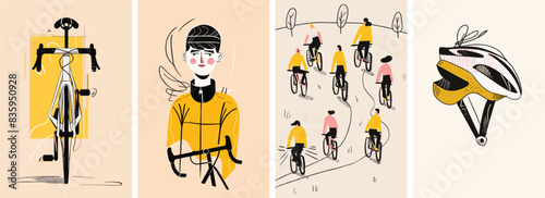 Collection of minimal road bike racing poster cover designs. Abstract cycling sports background
