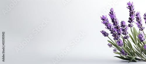 Blooming lavender plant on a white background. Creative banner. Copyspace image