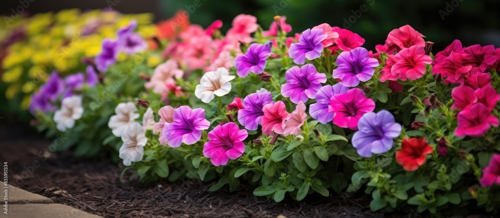 Petunia flowers bloom petunia blossom Petunia flowers in garden Close up of a flowerbed with multi colored petunias. Creative banner. Copyspace image