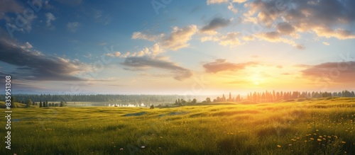 Nice sunrise in a wind field with clouds and sun in the background. Creative banner. Copyspace image © HN Works
