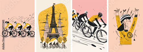 Collection of minimal road bike racing poster cover designs. Abstract cycling sports background