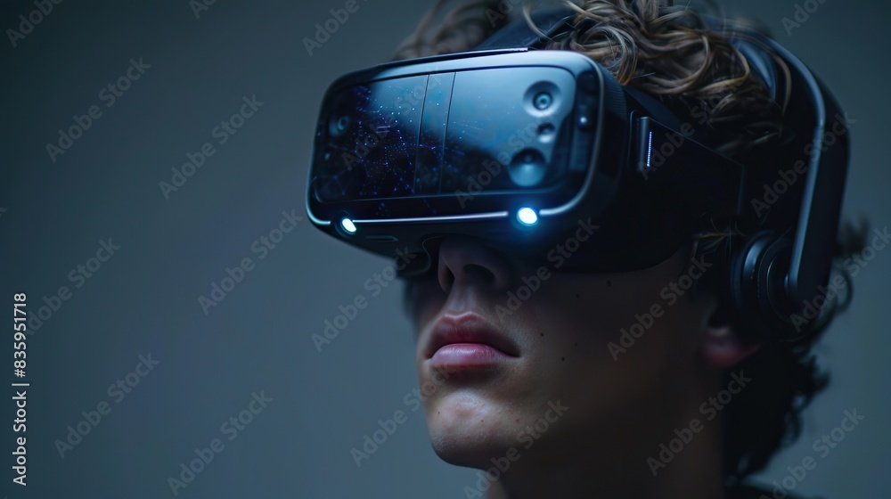 young man using virtual reality headset isolated on gray background vr future gadgets technology virtual event education. stock image