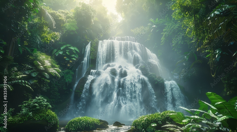 Beautiful waterfall in lush tropical forest with soft mist Beautiful waterfall in lush tropical forest with soft mist