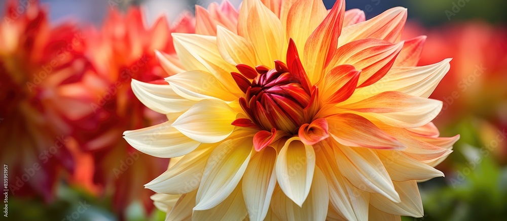 Dahlia red yellow flower Macro Motley big flower Background from a flower Nature. Creative banner. Copyspace image Dahlia red yellow flower Macro Motley big flower Background from a flower Nature. Creative banner. Copyspace image