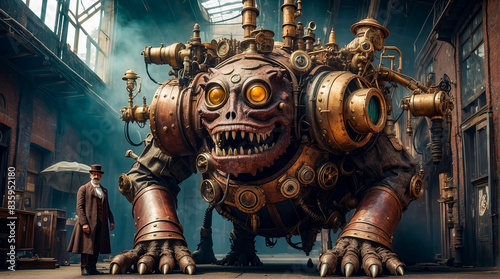 Steampunk style. Industrial mechanical monster made of metal and leather. Supernatural being.