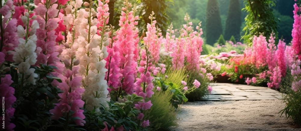 Beautiful field of pink Snapdragon flowers in the garden. Creative banner. Copyspace image