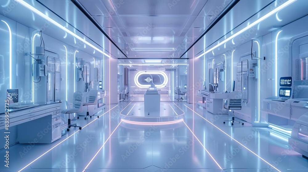 Obraz premium Hightech science laboratory with AI assistants, Futuristic, Sterile whites and neon accents, 3D rendering, Showcasing cuttingedge research