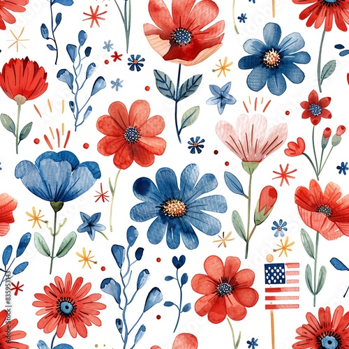 A seamless watercolor pattern featuring red, white, and blue flowers with sparklers and American flags.