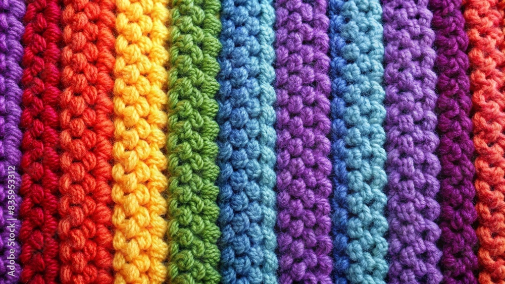 Close-up of a vibrant, handcrafted crochet fabric with a rainbow color gradient