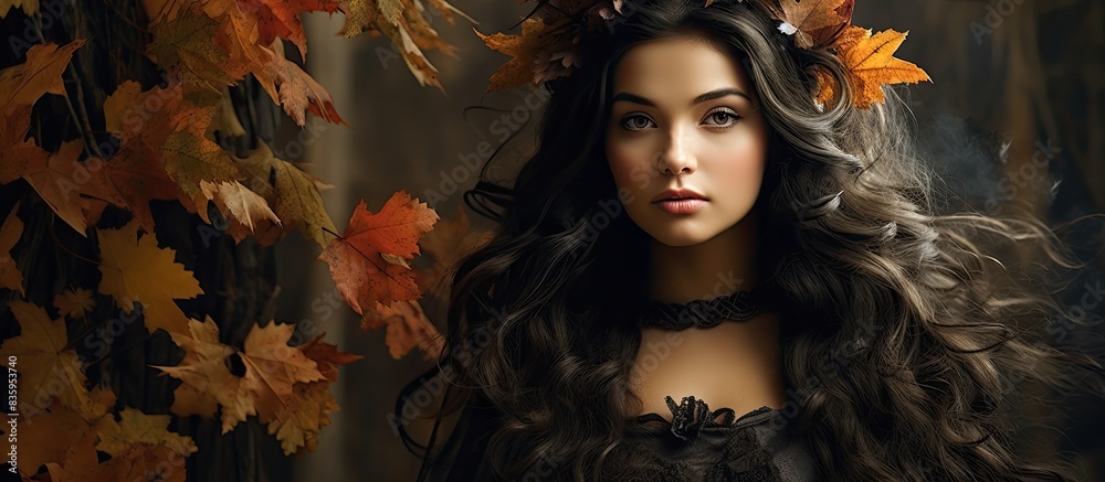 Beautiful slender black haired girl in a wreath made from leaves of maple and berries She is dressed in a dress made of hand made leaves A girl of European appearance Queen of autumn. Creative banner Beautiful slender black haired girl in a wreath made from leaves of maple and berries She is dressed in a dress made of hand made leaves A girl of European appearance Queen of autumn. Creative banner