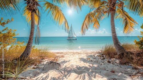 Sunny beaches dotted with palm trees and sailboats on the horizon