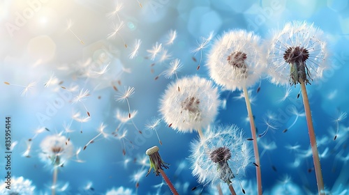 A serene blue background with dandelions  their seeds floating away in the wind  symbolizing freedom and hope.