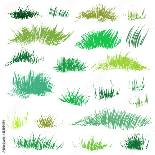 Green abstract different shapes grass brush textured strokes on white background