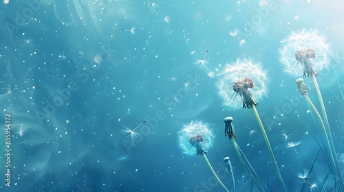 A serene blue background with dandelions, their seeds floating away in the wind, symbolizing freedom and hope.