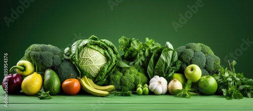 Variety of Green Vegetables and Fruits on the grey background. Creative banner. Copyspace image