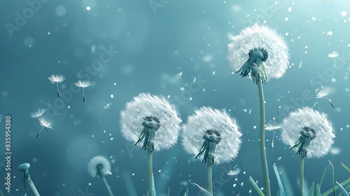 A serene blue background with dandelions  their seeds floating away in the wind  symbolizing freedom and hope.