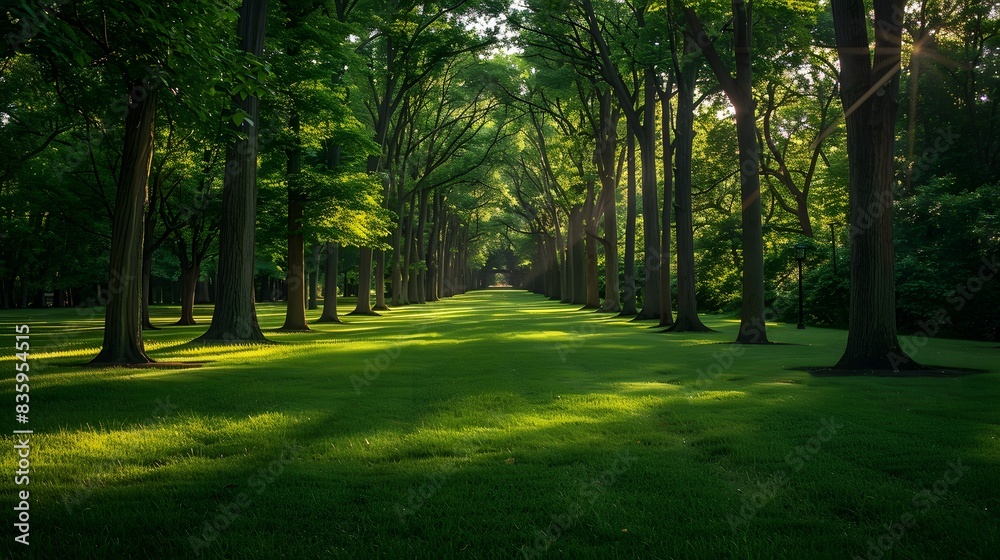 A serene park with rows of tall trees and lush green grass, leading to an empty path under the dappled sunlight.