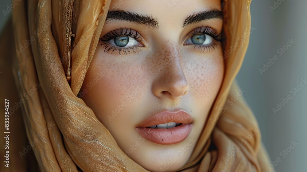hijab fashion muslim woman beauty and skincare makeup and aesthetic cosmetics on studio background islamic religion brown scarf and face headshot of young saudi arabia girl culture .hight relustion hijab fashion muslim woman beauty and skincare makeup and aesthetic cosmetics on studio background islamic religion brown scarf and face headshot of young saudi arabia girl culture .hight relustion
