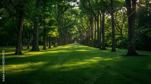 A serene park with rows of tall trees and lush green grass, leading to an empty path under the dappled sunlight.