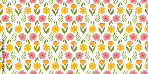 Seamless arrangement showcasing floral elements. Botanical-inspired recurring fabric or wallpaper pattern with orange flower on stem with leaf, yellow flower, cherry blossom, and leaves.