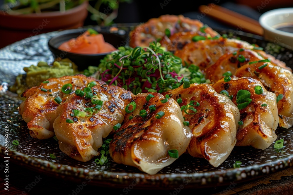 Gyoza - Japanese dumplings filled with meat and vegetables, served with dipping sauce. Gyoza - Japanese dumplings filled with meat and vegetables, served with dipping sauce.