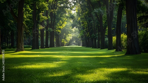 A serene park with rows of tall trees and lush green grass  leading to an empty path under the dappled sunlight.
