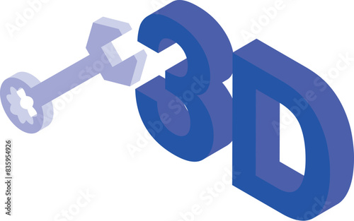 3d printing concept illustration with isometric technology, silver key, blue text, and innovative additive manufacturing