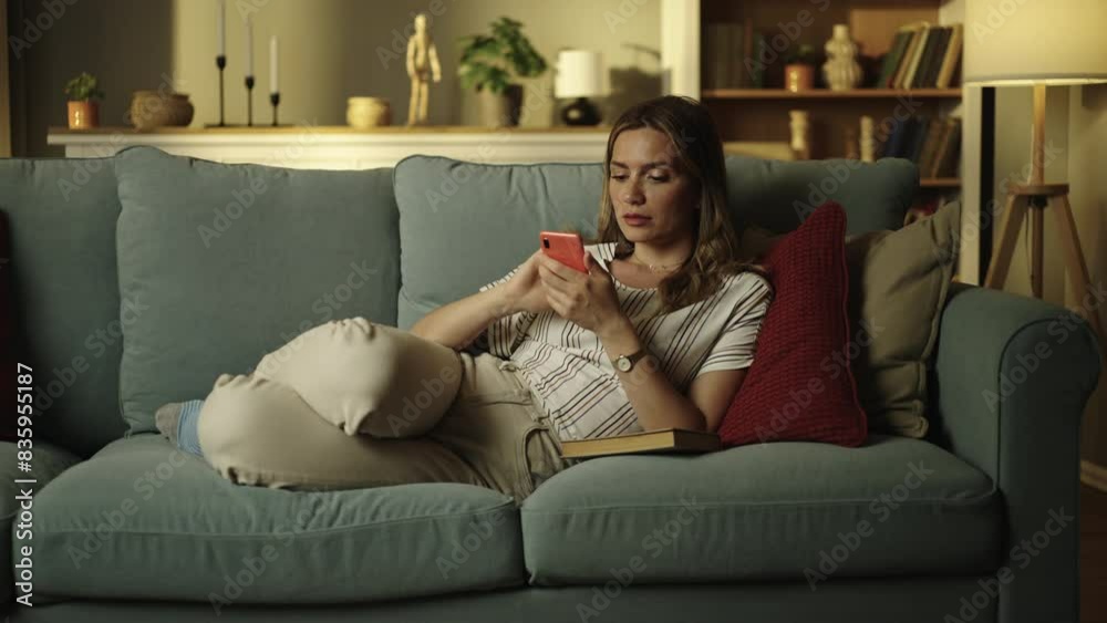 Slow-motion shot of a beautiful young female using cellphone for chatting while lying on the sofa at home Slow-motion shot of a beautiful young female using cellphone for chatting while lying on the sofa at home