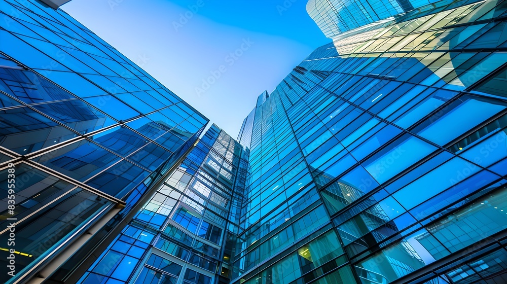 Obraz premium Modern skyscrapers reflecting clear blue sky. Futuristic architecture captured in vibrant colors. Perfect for business themes. AI