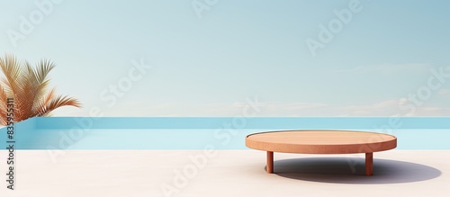 Round Wooden Table and blurred empty swimming Pool Outdoor on day light summer. Creative banner. Copyspace image