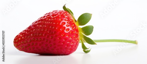 Juicy fragrant ripe strawberry closeup on white background. Creative banner. Copyspace image