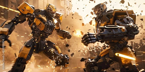 a image of two robots are fighting in a city