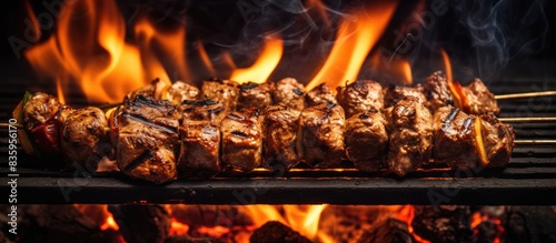 Raw Kebabs on fire and bbq. Creative banner. Copyspace image