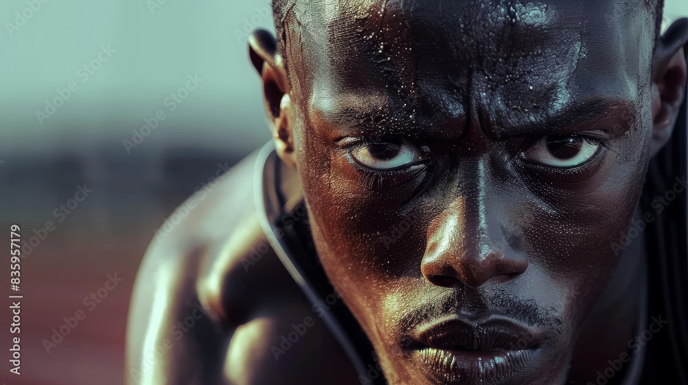 Close-up of an intense sprinter's face, showing determination and focus as he prepares for a race on the track. Close-up of an intense sprinter's face, showing determination and focus as he prepares for a race on the track.
