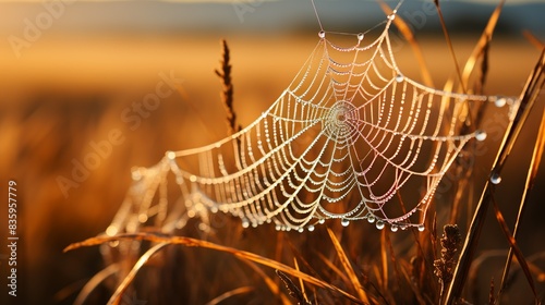 Close-up of a solitary dew-covered spiderweb glistening in the early morning sunlight, a delicate work of art spun by nature's master weavers. Painting Illustration style, Minimal and Simple, photo
