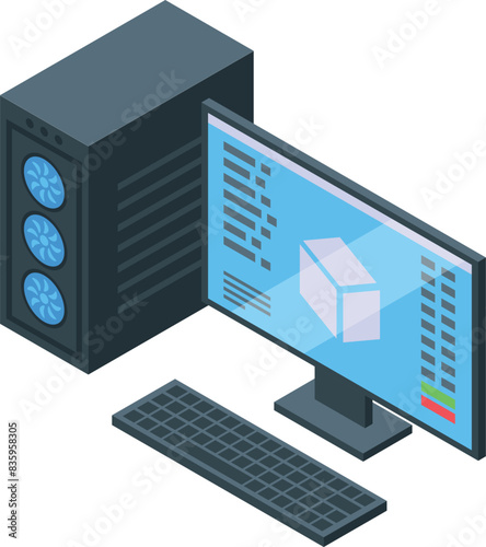 Isometric vector illustration of a desktop computer with coding interface displayed on the monitor