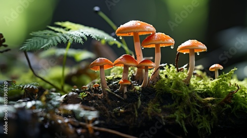 Close-up of a cluster of mushrooms emerging from the forest floor, their earthy scent mingling with the damp musk of the woods. Painting Illustration style, Minimal and Simple, photo