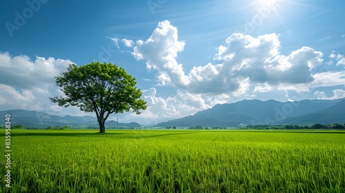 A vast green rice field under the blue sky  with white clouds and mountains in the distance. This scene creates an atmosphere filled with tranquility and natural beauty.