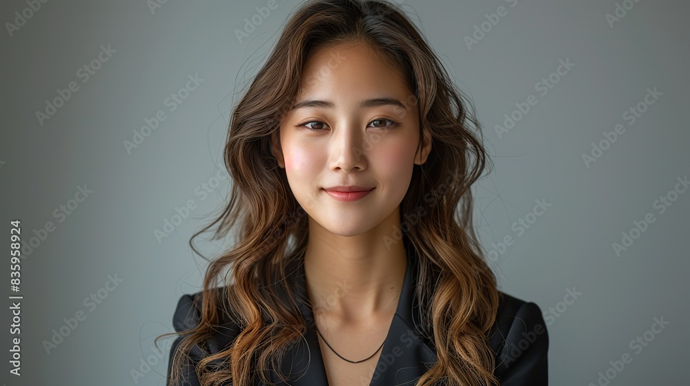 Fototapeta premium young asian business woman smiling to camera standing pose on isolated white background female in suit portrait shot in studio. stock image