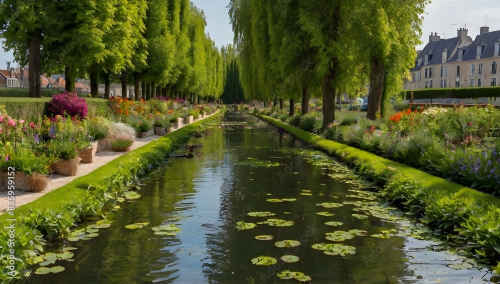 Floating gardens in the spring between the canals, Hortillonnages in Amiens in France Floating gardens in the spring between the canals, Hortillonnages in Amiens in France