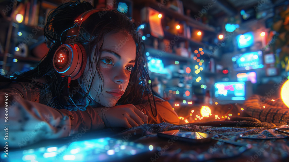 A girl is lying on the couch, wearing headphones, and listening to music,anime style,geneartive ai A girl is lying on the couch, wearing headphones, and listening to music,anime style,geneartive ai