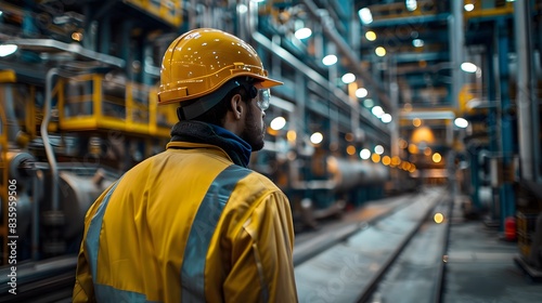 A worker wearing safety gear stands in the foreground, looking over his shoulder at an industrial factory with visible machinery and equipment.