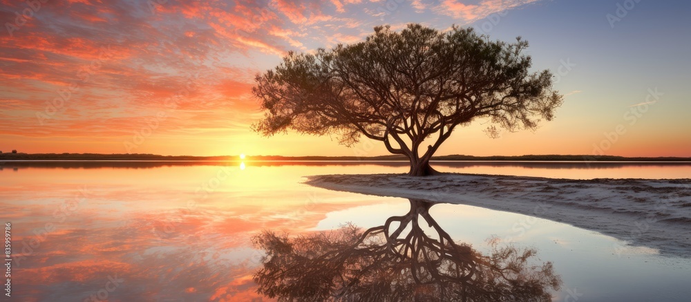 Fototapeta premium Stunning sunrise reflecting in the waters at the Yas Beach in Abu Dhabi with a mangrove tree in the mid ground. Creative banner. Copyspace image