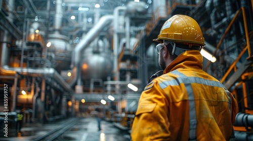 A worker wearing safety gear stands in the foreground, looking over his shoulder at an industrial factory with visible machinery and equipment. © horizon