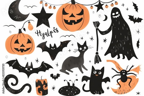 Wallpaper Mural Handdrawn Halloween element set featuring a scary Jackolantern, black cat, bat, ghost, broom, toad, and festive garland on a white background Torontodigital.ca