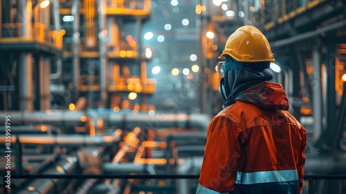 A worker wearing safety gear stands in the foreground, looking over his shoulder at an industrial factory with visible machinery and equipment. © horizor