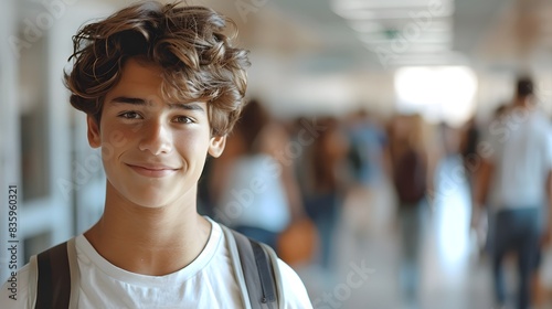 A young man with wavy hair, wearing a white t-shirt and backpack, is smiling at the camera while walking through a high school hallway full of students in the background. © horizon