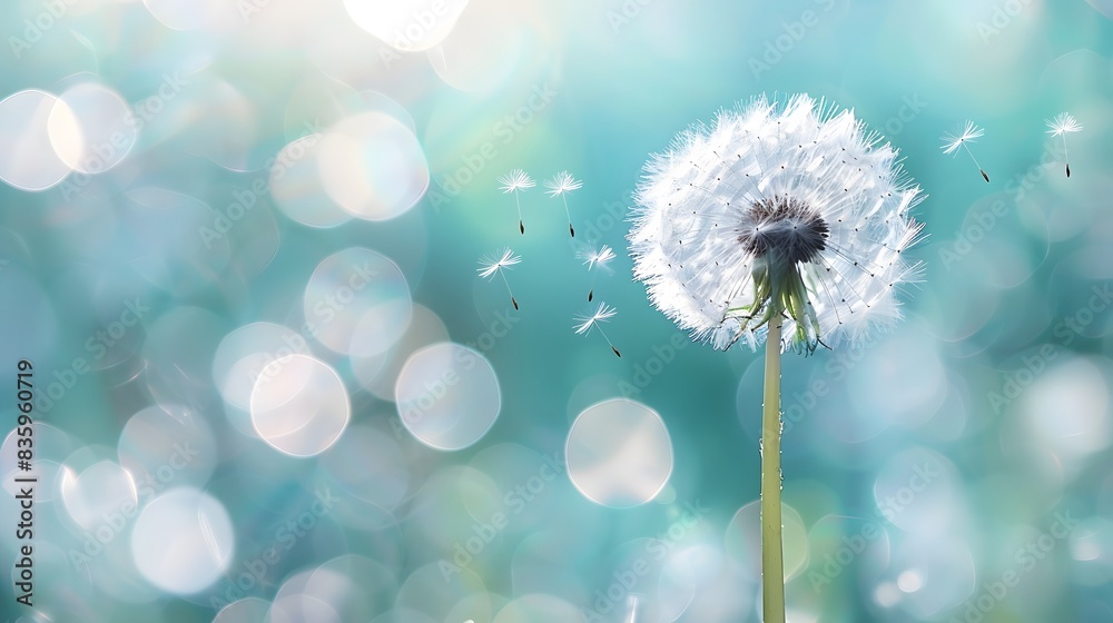 Beautiful dandelion with flying seeds on a green spring meadow, a macro photo of a natural landscape with copy space area. Beautiful dandelion with flying seeds on a green spring meadow, a macro photo of a natural landscape with copy space area.