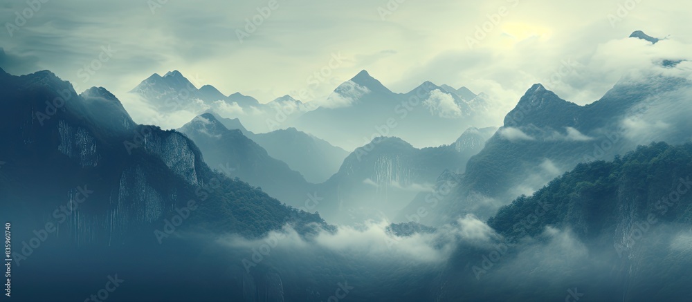 Foggy mountains. Creative banner. Copyspace image