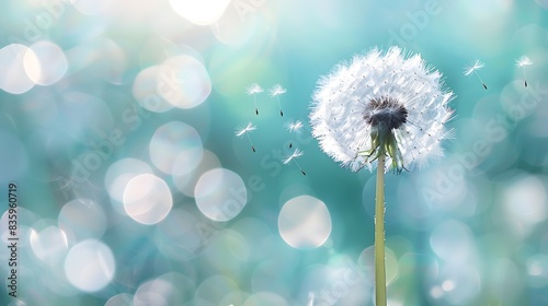 Beautiful dandelion with flying seeds on a green spring meadow, a macro photo of a natural landscape with copy space area.
